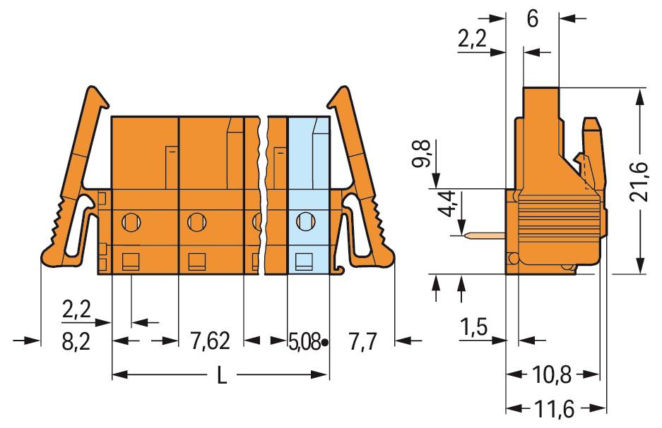 Schaltplan für Elektrostecker mit Maßangaben: L=7,62, 8,2, 21,6, 11,6, 10,8 in Millimetern; Seiten- und Draufsicht dargestellt.
