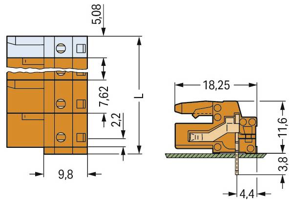 „Diagramm mit elektrischen Steckermaßen: Breite 9,8 mm, Höhe 11,6 mm, Stiftabstand 7,62 mm, verschiedene weitere Detailmaße.