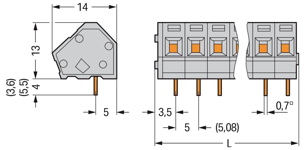 Technisches Schaltplan eines Relais mit Abmessungen: 14 mm breit, 13,2 mm hoch, 5 mm tief. Stifte mit 5 mm und 7,7 mm Abstand an der Basis angebracht.