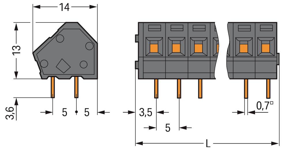 Technisches Schaubild eines Bauteils mit mehreren Maßangaben in Millimetern, das Abmessungen und Anordnung mit Vorder- und Seitenansichten zeigt.