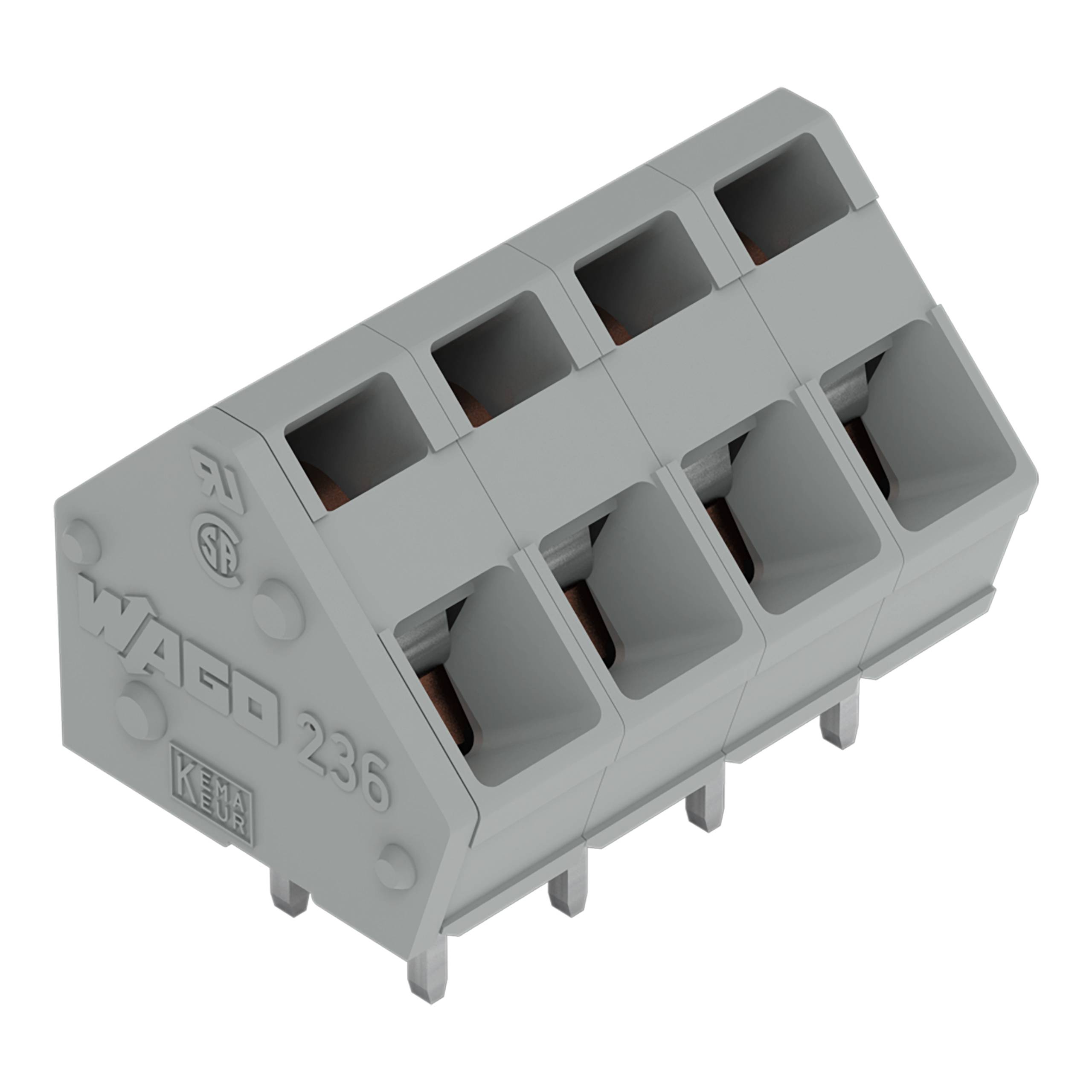 Ein graues Klemmenblock mit fünf Anschlüssen mit der Bezeichnung 'WAGO 236', verwendet für elektrische Verdrahtungsanwendungen.