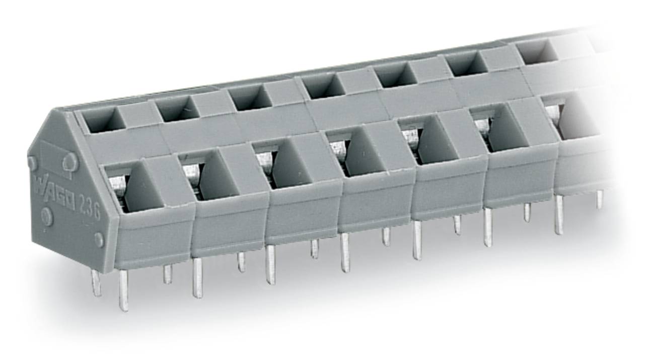 Eine Reihe von grauen elektronischen Steckverbindern mit Metallstiften erstreckt sich nach unten. Das Design umfasst quadratische Öffnungen und ist auf der Seite mit „Phoenix