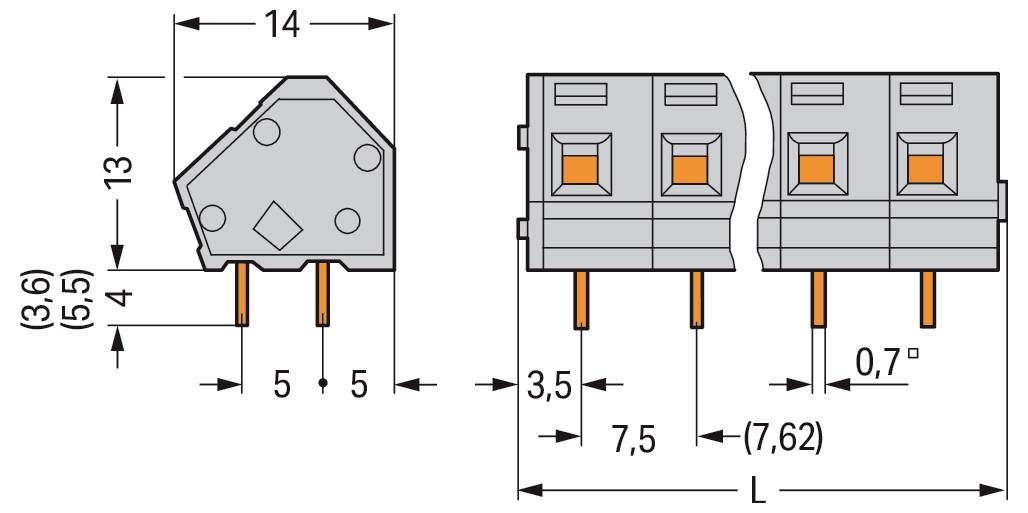 Ein technisches Diagramm, das Abmessungen einer Elektroschalterkomponente zeigt, einschließlich Breiten-, Höhen- und Abstands-Messwerte in Millimetern.