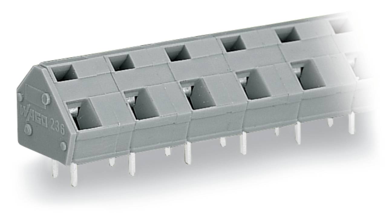 Ein grauer Klemmblock mit mehreren offenen Steckplätzen, auf Stiften montiert, zum sicheren Anschluss von Elektrokabeln in einem Elektrosystem.