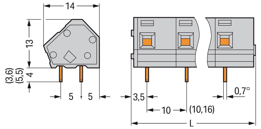 Schaltplan eines Schalters mit Seiten- und Vorderansicht. Die Abmessungen umfassen 14 mm Breite, 9 mm Tiefe und 13,2 mm Höhe mit Details zum Pinabstand.