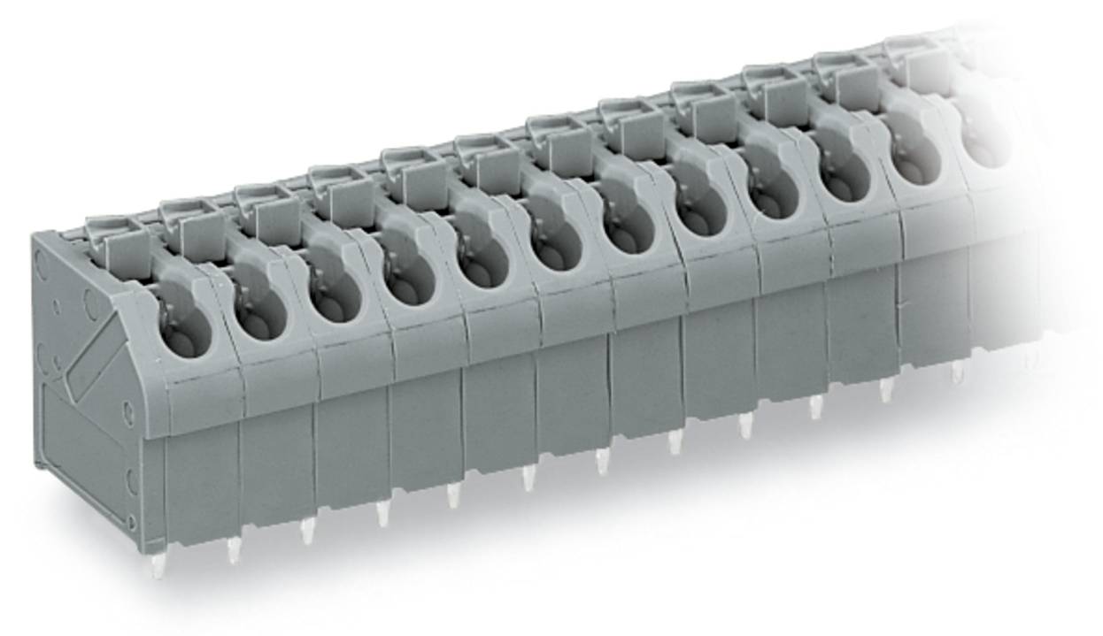 Ein graues, rechteckiges elektronisches Klemmblock mit mehreren Schlitzen, das zum sicheren Verbinden von Stromkreisen verwendet wird.