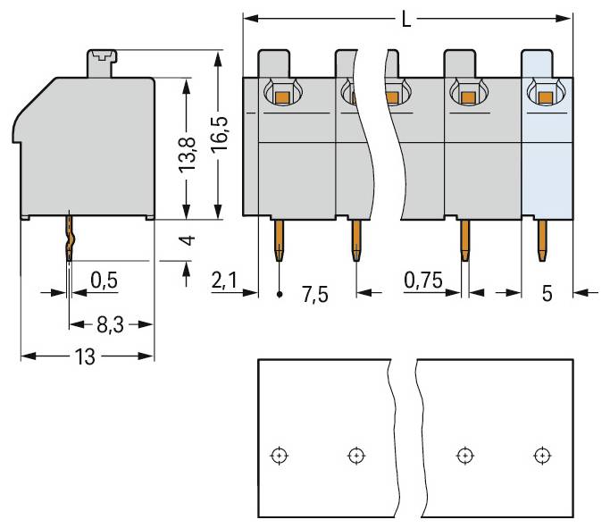 Diagramm eines Vier-Pin-Steckers mit Abmessungen: Höhe 13,8 mm, Breite 8,3 mm und Länge L. Der Pin-Abstand beträgt 7,5 mm.