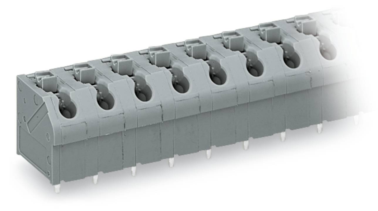 Ein grauer Mehrfach-Anschlussblock mit Stiftverbindungen an der Unterseite, der für elektrische Verdrahtung oder Leiterplatten verwendet wird.