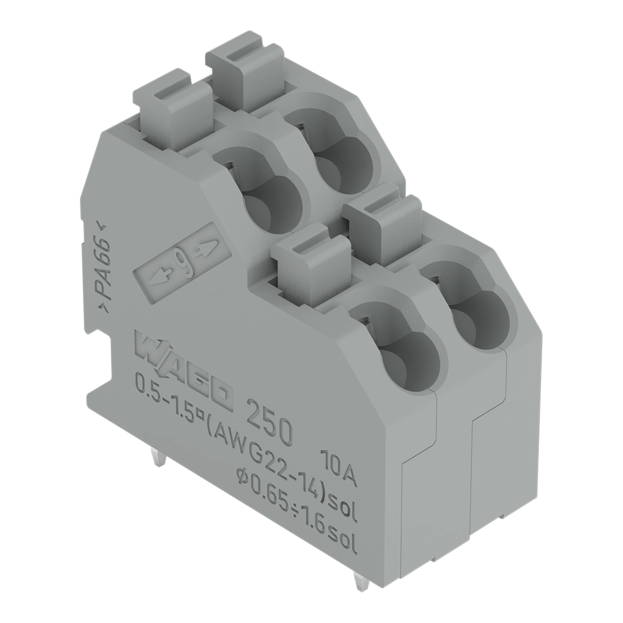 Grauer WAGO-Elektrostecker, Modell 250-131, unterstützt 10A, Drahtbereich 0,5-1,5mm². Seitliche Markierungen zeigen die Anweisung 