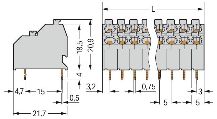 Technisches Diagramm mit Abmessungen einer elektronischen Komponente, mehreren Anschlussverbindungen und detaillierten Messungen in Millimetern.