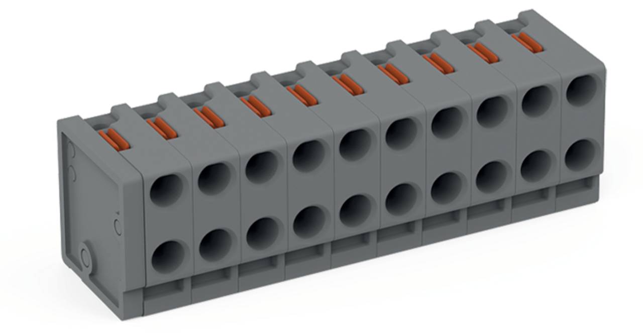 Ein grauer Elektroklemmenblock mit mehreren Anschlüssen, hervorgehoben durch sichtbare orangefarbene Leitstücke oben.