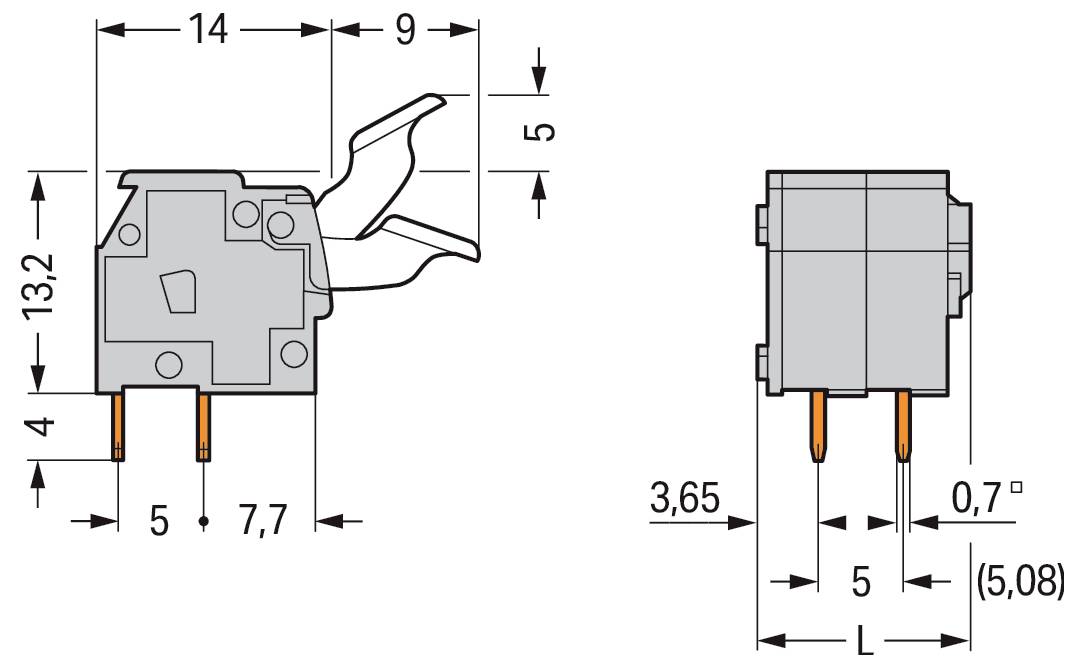 Schalterkipper-Abmessungen in Millimetern: Breite 14, Höhe 13,2, Tiefe 9. Stiftabstand 5 und 7,7. Das Diagramm zeigt Seiten- und Frontansichten.