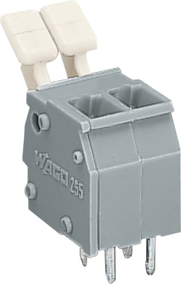 Graues WAGO 255 Klemmblock mit zwei beigen Hebelbetätigungen zur Drahtsicherung. Mit drei Metallstiften zur Leiterplattenbefestigung.