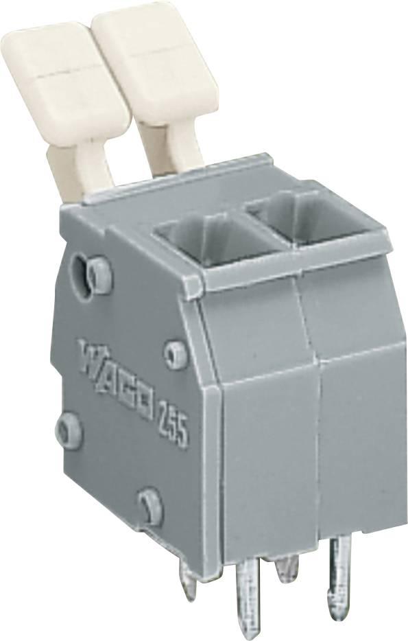 Ein grauer 2-poliger Leiterplattenklemmenblock mit hebelgesteuerten Verbindungen, mit einem kompakten Design für sichere elektrische Komponentenverbindungen.