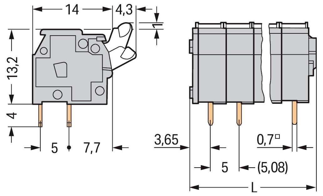 Technisches Schaltplan mit beschrifteten Abmessungen. Die Seitenansicht zeigt eine Gesamthöhe von 13,2 mm und eine Breite von 9 mm. Die Draufsicht hat eine Länge von 14 mm.