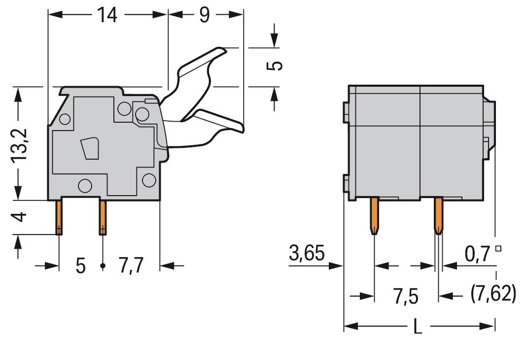 Diagramm einer elektrischen Komponente mit vermerkten Abmessungen: Breite 14 mm, Höhe 13,2 mm, Tiefe 9 mm. Stifte im Abstand von 7,5 mm.