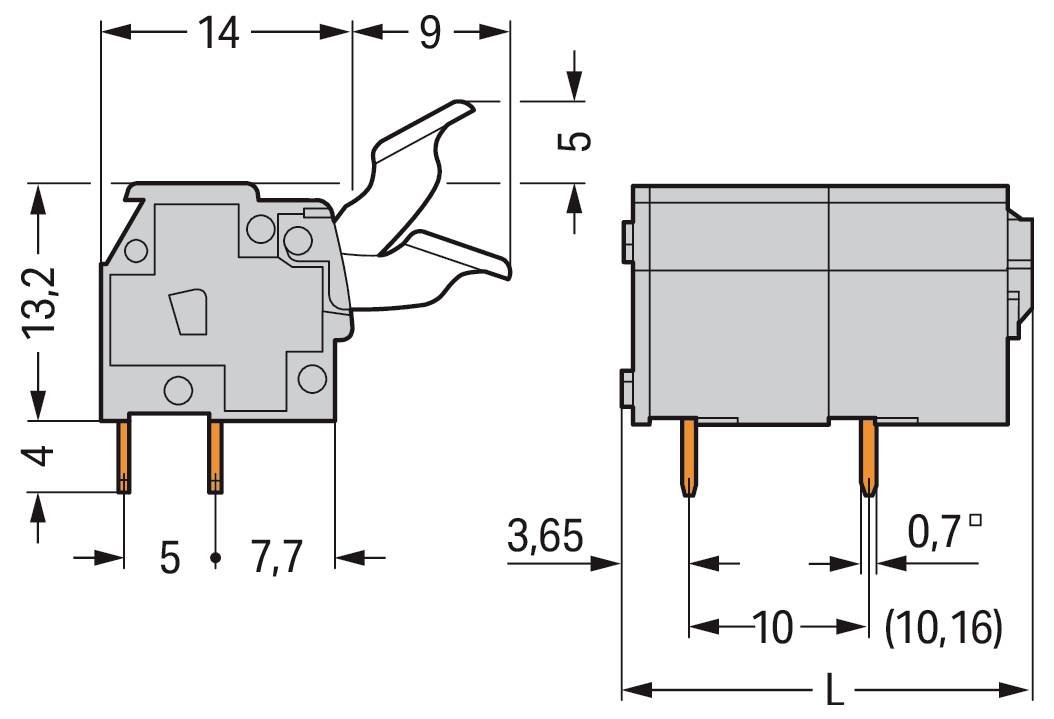 Technisches Diagramm eines Zweiknopf-Schalters mit Abmessungen: Höhe 9,3 mm, Breite 13 mm. Zeigt Vorder- und Seitenansichten mit Messwerten.