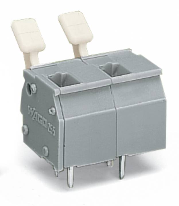 Ein duales graues WAGO 255-Klemmleistenblock mit zwei weißen Hebeln und vier Stiften, entworfen für elektrische Verbindungen.