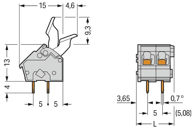 „Relaiskomponentendiagramm mit Maßen: 15 mm Breite, 13 mm Höhe, 4,6 mm Tiefe. Pinabstand 5 mm. Seitenprofilansicht enthalten.