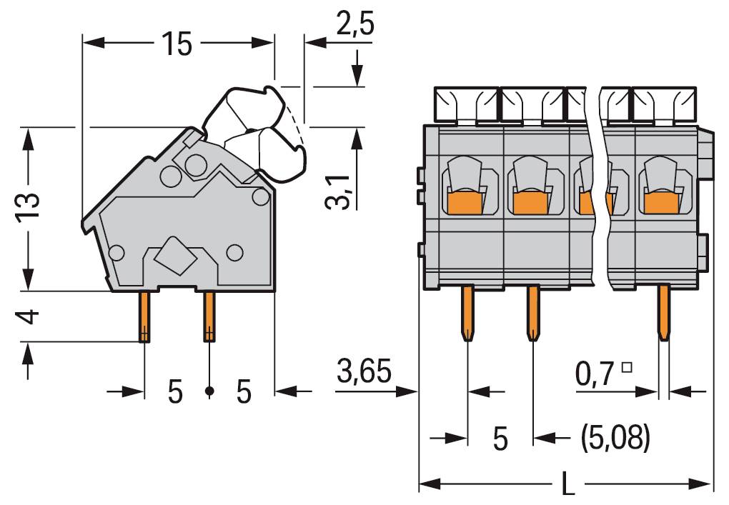 Technisches Schaltschema eines Klemmleisten-Steckers mit beschrifteten Abmessungen, das Seiten- und Frontansichten, Stiftabstände und Gesamtgröße zeigt.