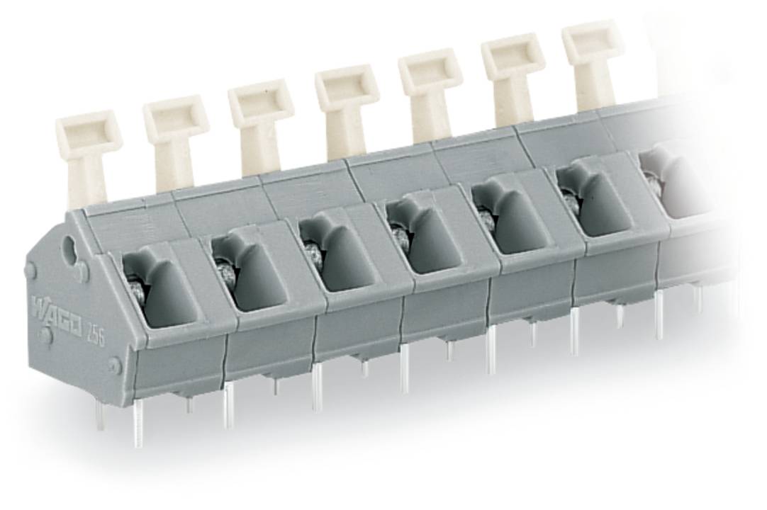 Das Bild zeigt eine graue, abgewinkelte Klemmleiste mit mehreren Drahtanschllusspunkten und vorstehenden Metallstiften, die für elektrische Verbindungen ausgelegt ist.