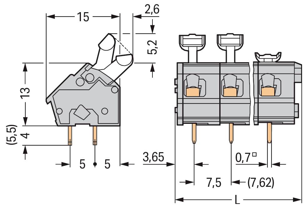 Diagramm einer elektrischen Komponente mit markierten Abmessungen: Höhe 13, Breite 15, Tiefe 7,5 und Stiftabstand 5. Zeigt detaillierte Ansichten der Verbindungen.