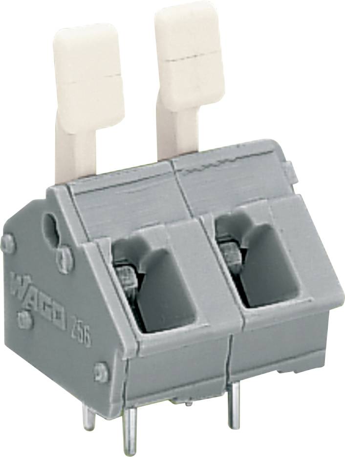 Ein grauer zweipoliger Elektroklemmenblock mit zwei Hebeln zur Drahtverbindung.