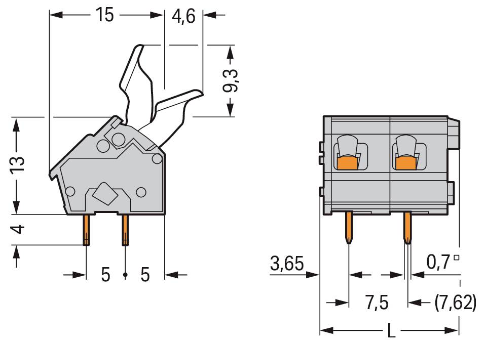 Technische Zeichnung einer Schalterkomponente mit Abmessungen: Höhe 9,3mm, Breite 15mm, Länge 13mm. Zeigt Seiten- und Draufsichten.