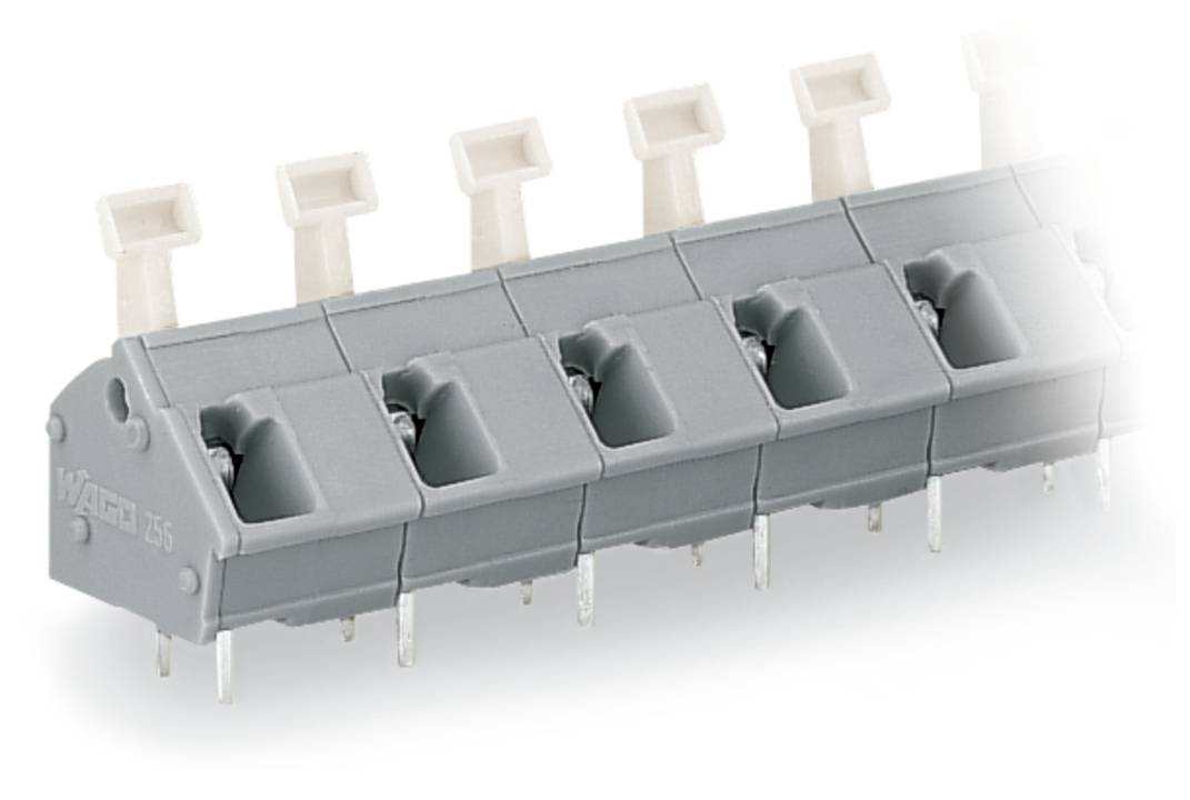 Ein graues elektrisches Klemmleistenblock mit sechs Anschlussplätzen, ausgestattet mit nach oben weisenden Hebeln zur Drahtverbindung und sicherer Befestigung.
