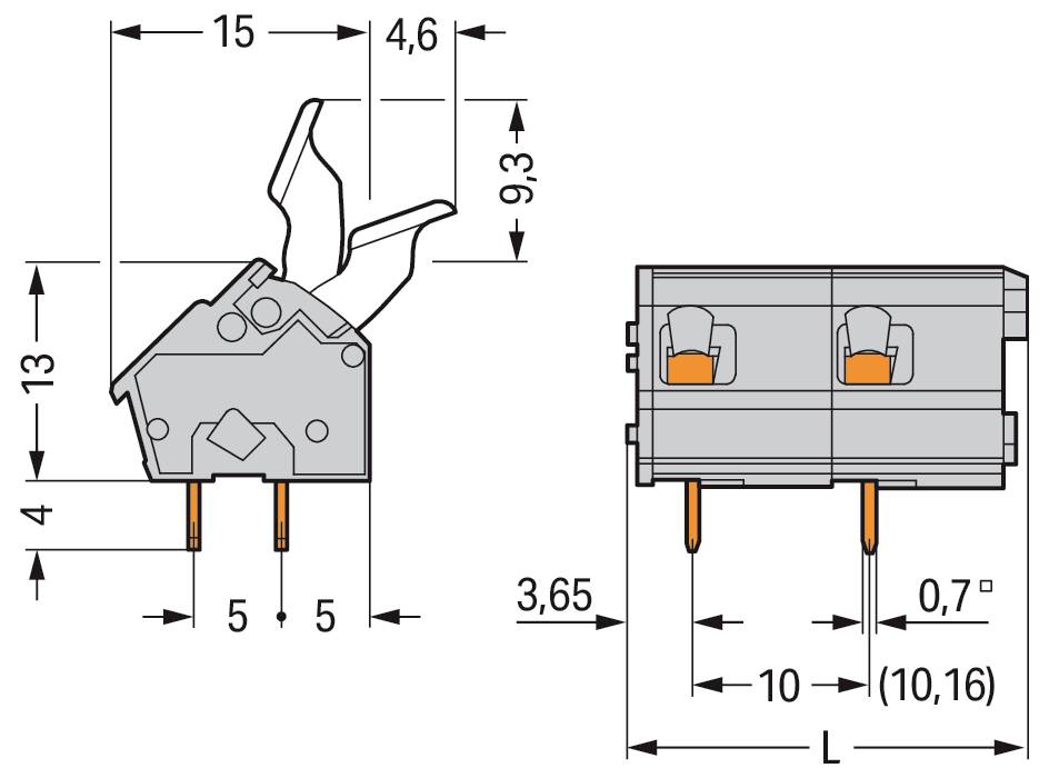Diagramm eines dreipoligen Wippschalters mit Abmessungen: 13 mm Höhe, 9,3 mm Länge, 4,6 mm Breite, 5 mm zwischen den Anschlüssen, 0,7-Grad-Oberflächenwinkel.