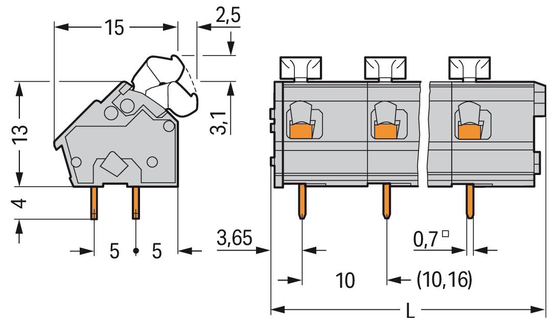 Technisches Diagramm einer elektrischen Komponente mit Abmessungen. Vorder- und Seitenansichten werden angezeigt, einschließlich Messungen in Millimetern.