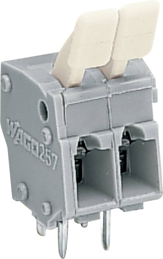 Ein graues WAGO 257 Elektroklemmenblock mit zwei beigen Hebeln, entwickelt zum sicheren Verbinden von elektrischen Leitern.