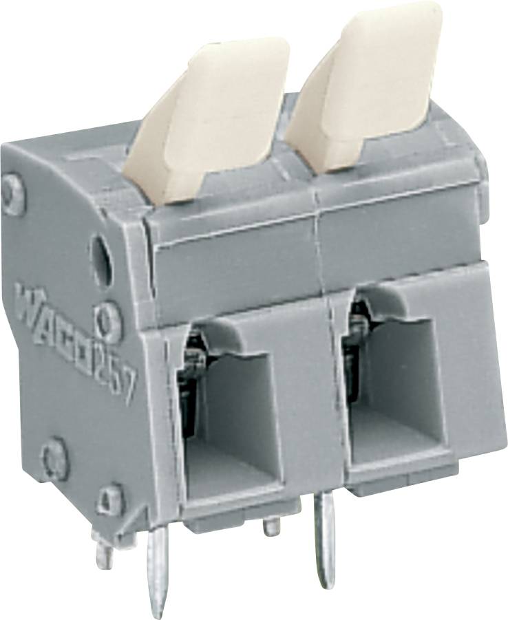Ein grauer Stecker mit zwei beigen Hebeln, verwendet für elektrische Verdrahtung, gekennzeichnet mit „WAGO 257