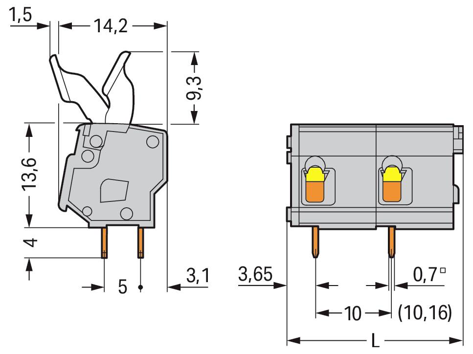 Schaltplan eines Schalters mit Seiten- und Draufsicht mit Maßen. Seitenansicht Maße: 13,6 mm Höhe, 14,2 mm Breite. Draufsicht: 10 mm Länge.