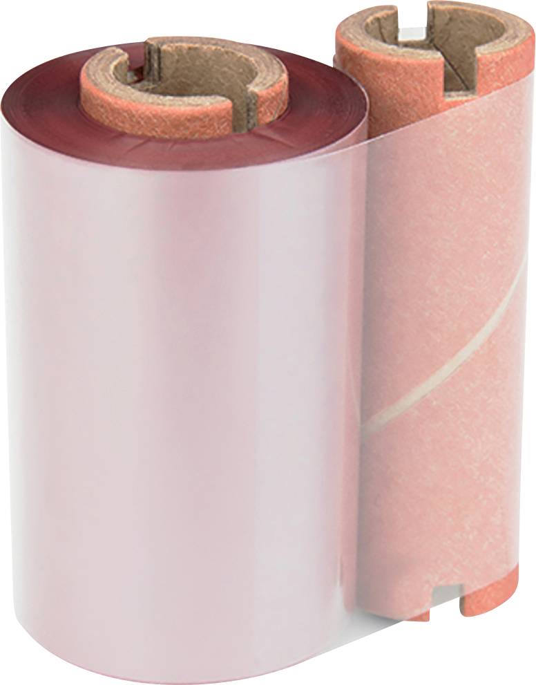 Eine teilweise abgewickelte Rolle aus roter und transparenter Druckerfolie, die beide Spulen nebeneinander zeigt, mit sichtbaren braunen Kernen im Inneren.