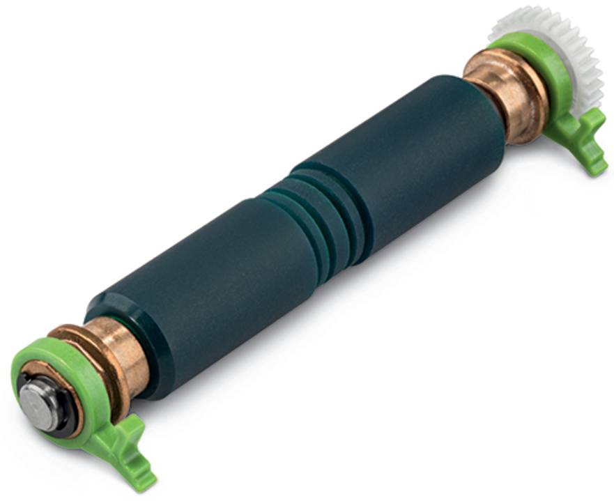 Eine grüne und schwarze zylindrische Komponente mit Zahnrädern an beiden Enden, wahrscheinlich Teil eines mechanischen oder elektronischen Geräts.