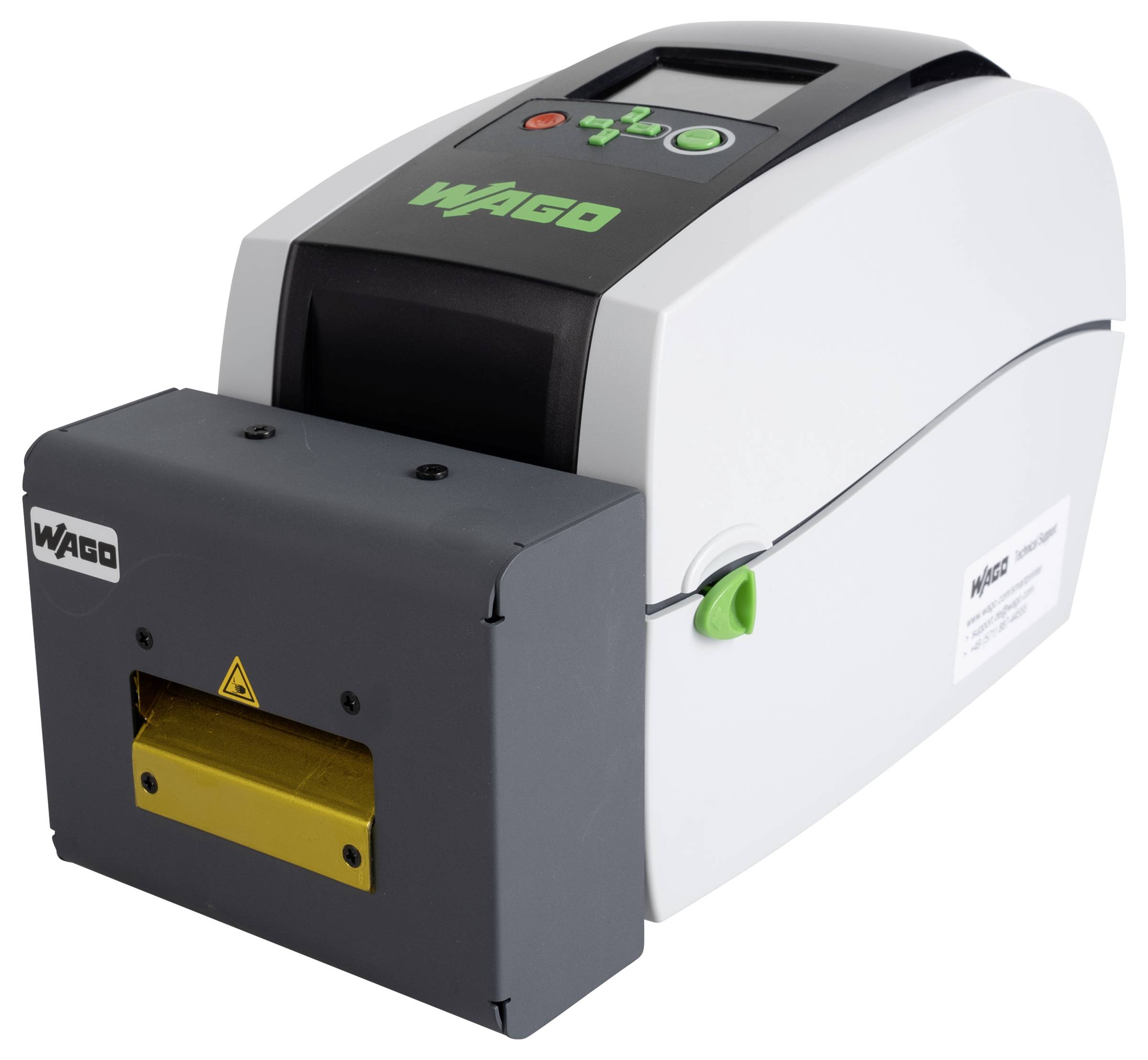 WAGO-Thermotransferdrucker in Schwarz und Grau mit Steuertasten oben, verwendet zum Drucken von Etiketten, Logos und Barcodes.