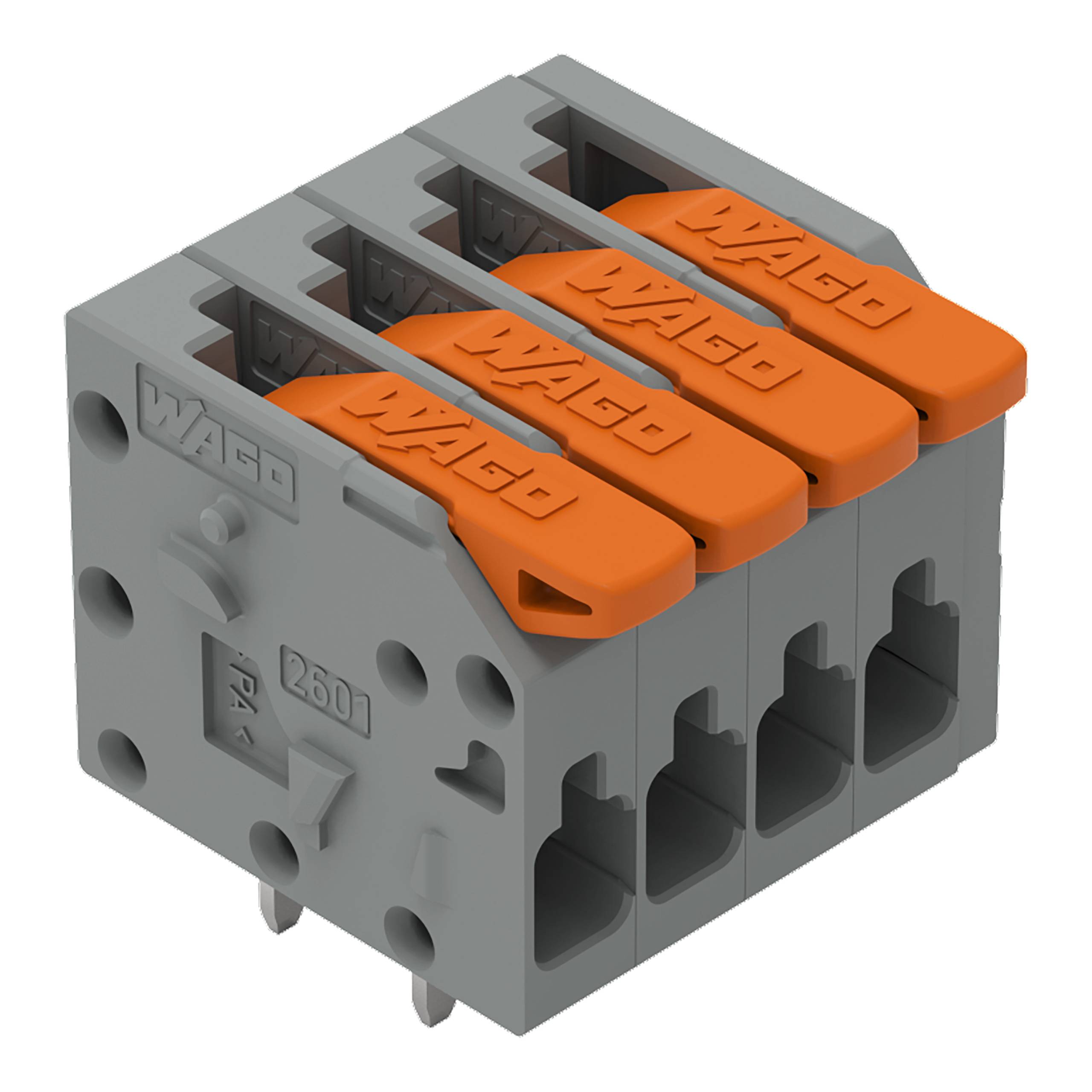 Ein grau-orangefarbener WAGO-Elektroklemmenblock mit drei Anschlussplätzen zur Verdrahtung, mit Markennamen und Modellnummer 2601.