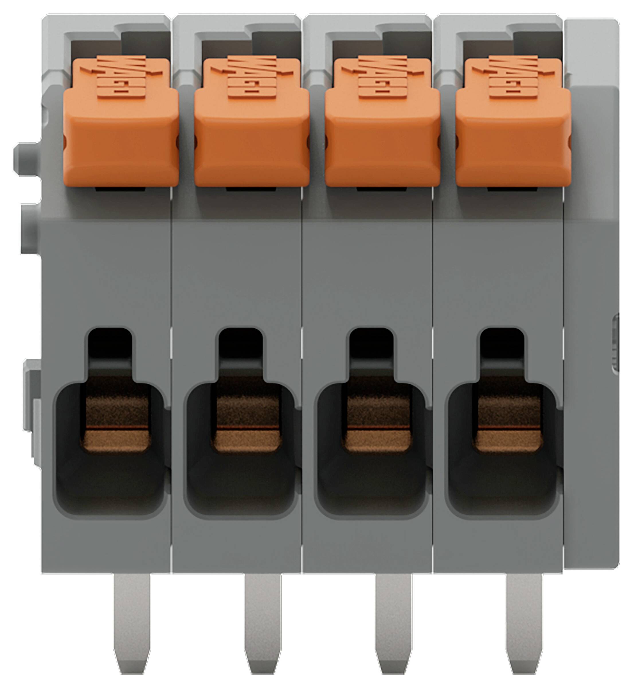 Vier grau-orange Klemmleisten mit Hebeln, entwickelt für elektrische Verdrahtungsverbindungen, vertikal angeordnet mit sichtbaren Anschlusspunkten.