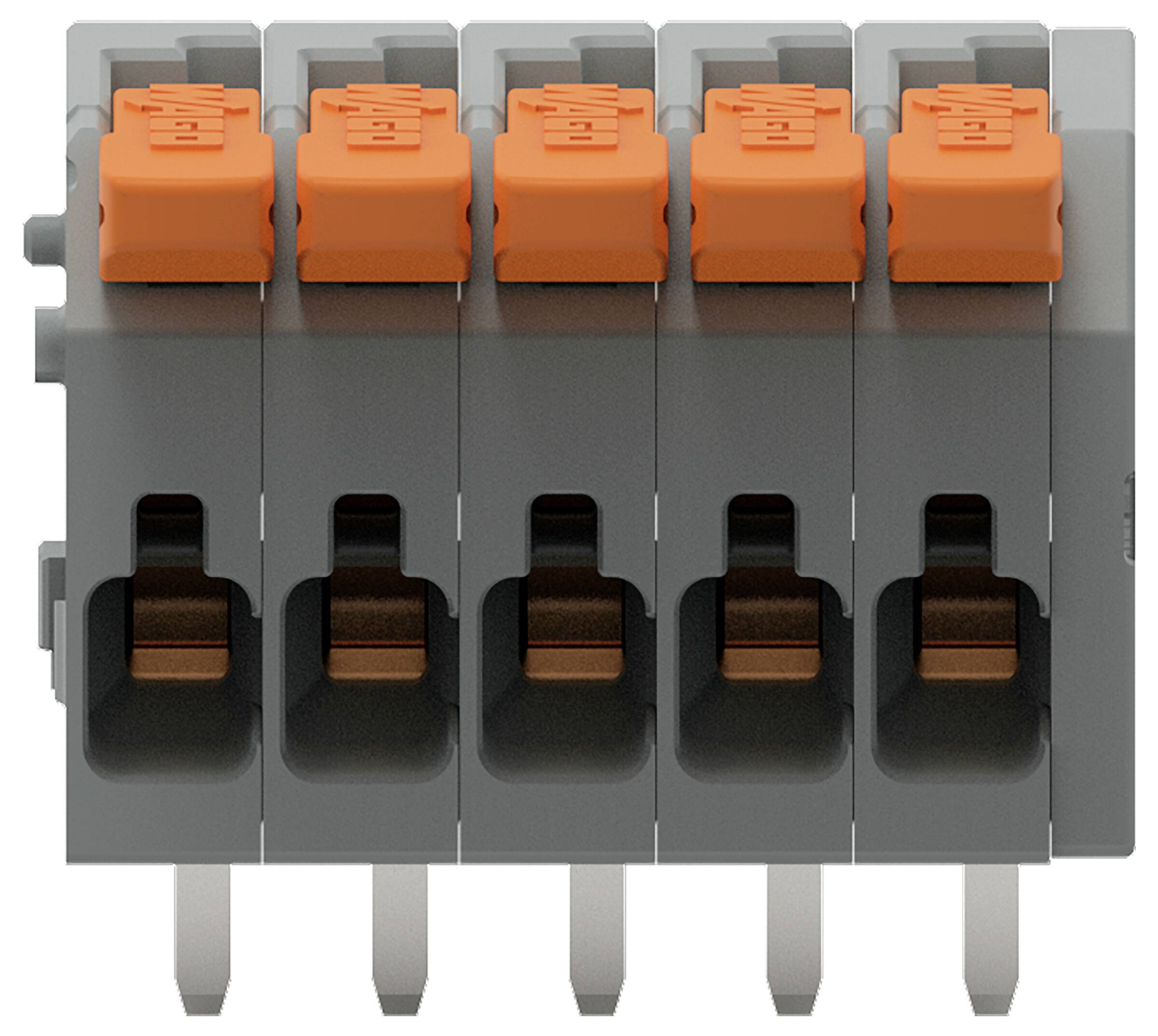 Ein grauer und orangefarbener Steckklemmenblock mit fünf Anschlüssen, jeder mit einem orangefarbenen Hebel zum Befestigen von elektrischen Drähten.