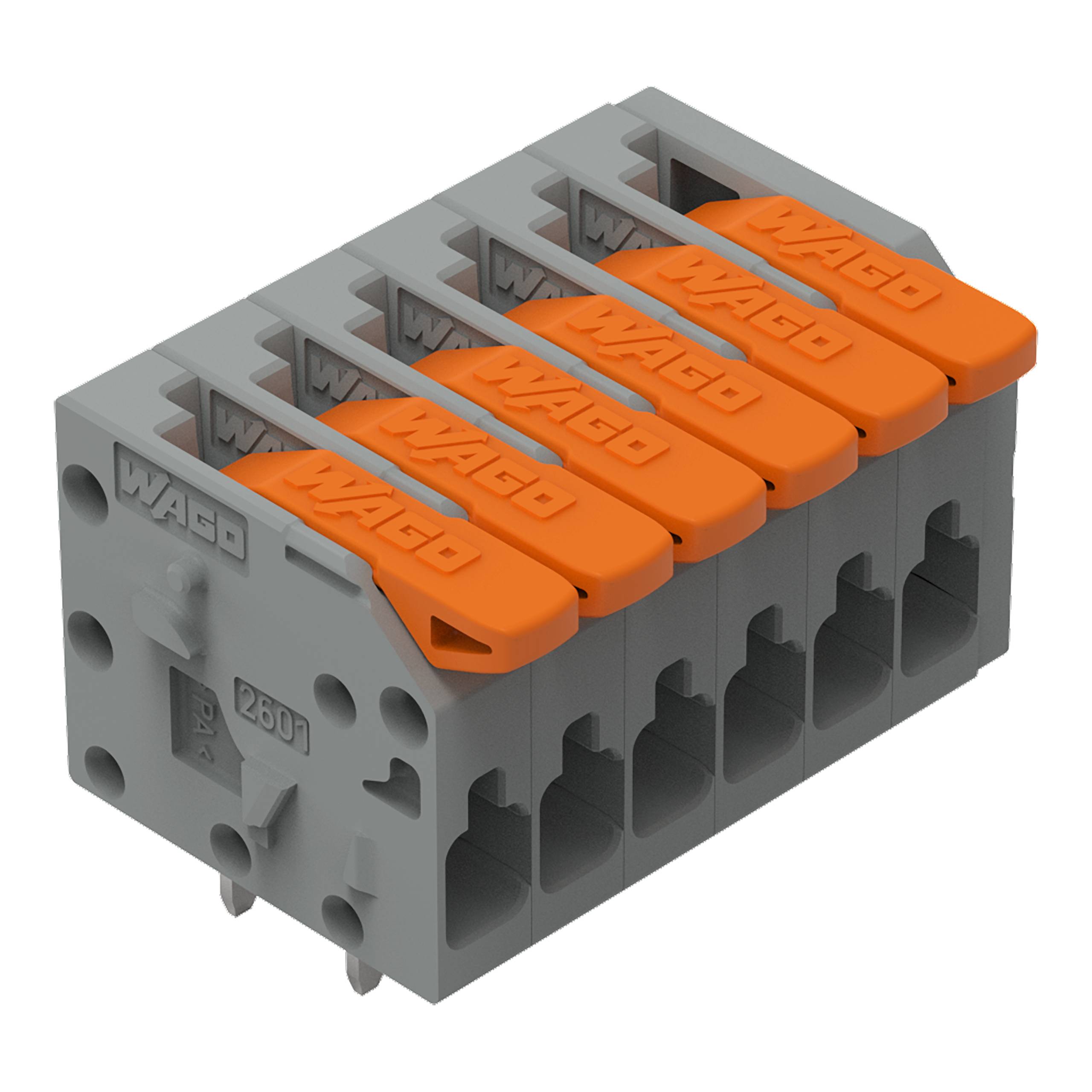 Fünf graue WAGO-Hebelklemmen in einer Reihe angeordnet, mit orangefarbenen Hebeln oben zum Sichern von Elektrokabeln.