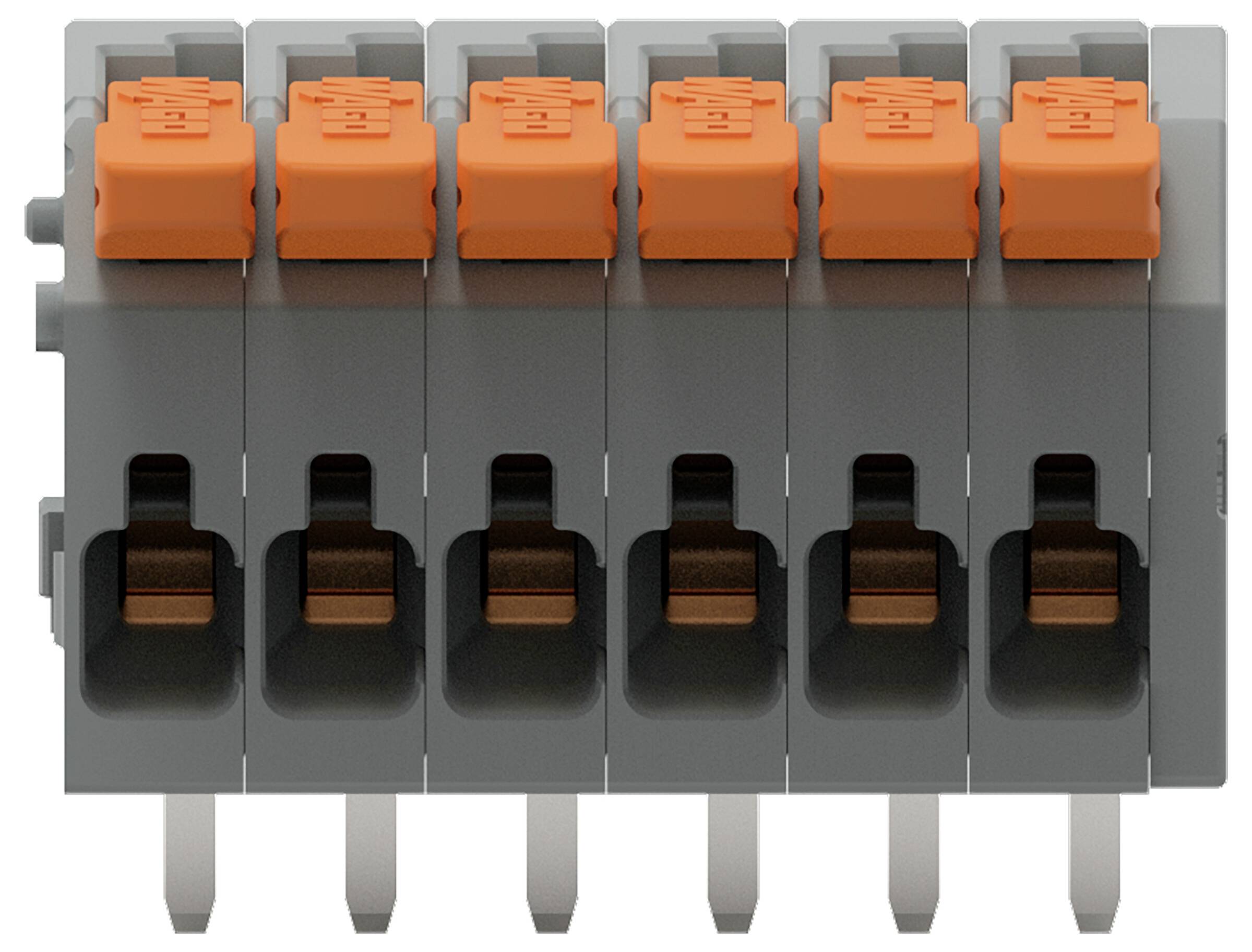 Vorderansicht einer sechspoligen Heberklemme mit orangefarbenen Hebeln und grauem Gehäuse. Das Klemmenboard ist für elektrische Verbindungen ausgelegt.