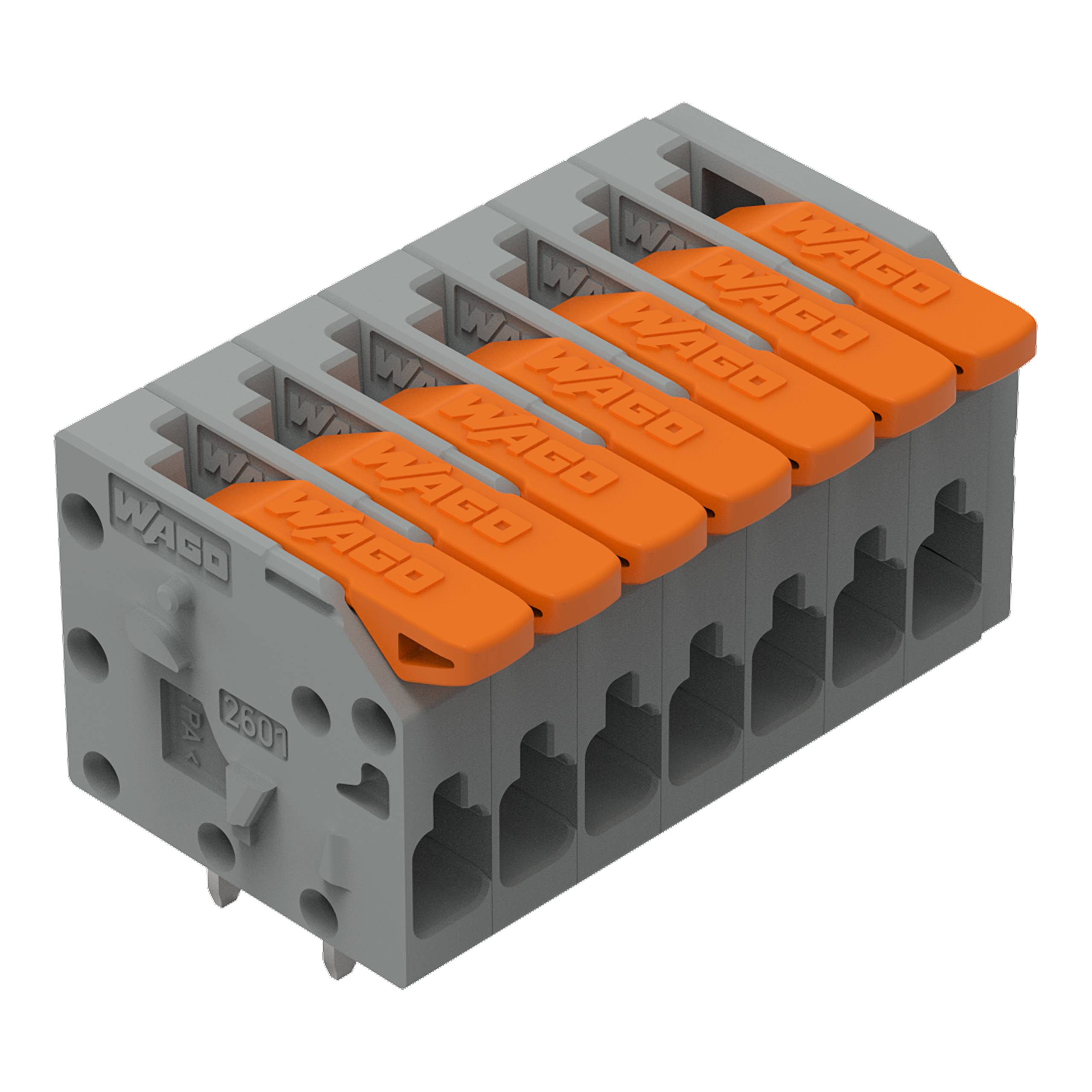 Fünf-Pol-Elektrostecker mit grauem Sockel und orangefarbenen Hebeln, konstruiert zum Festklemmen von Drähten.