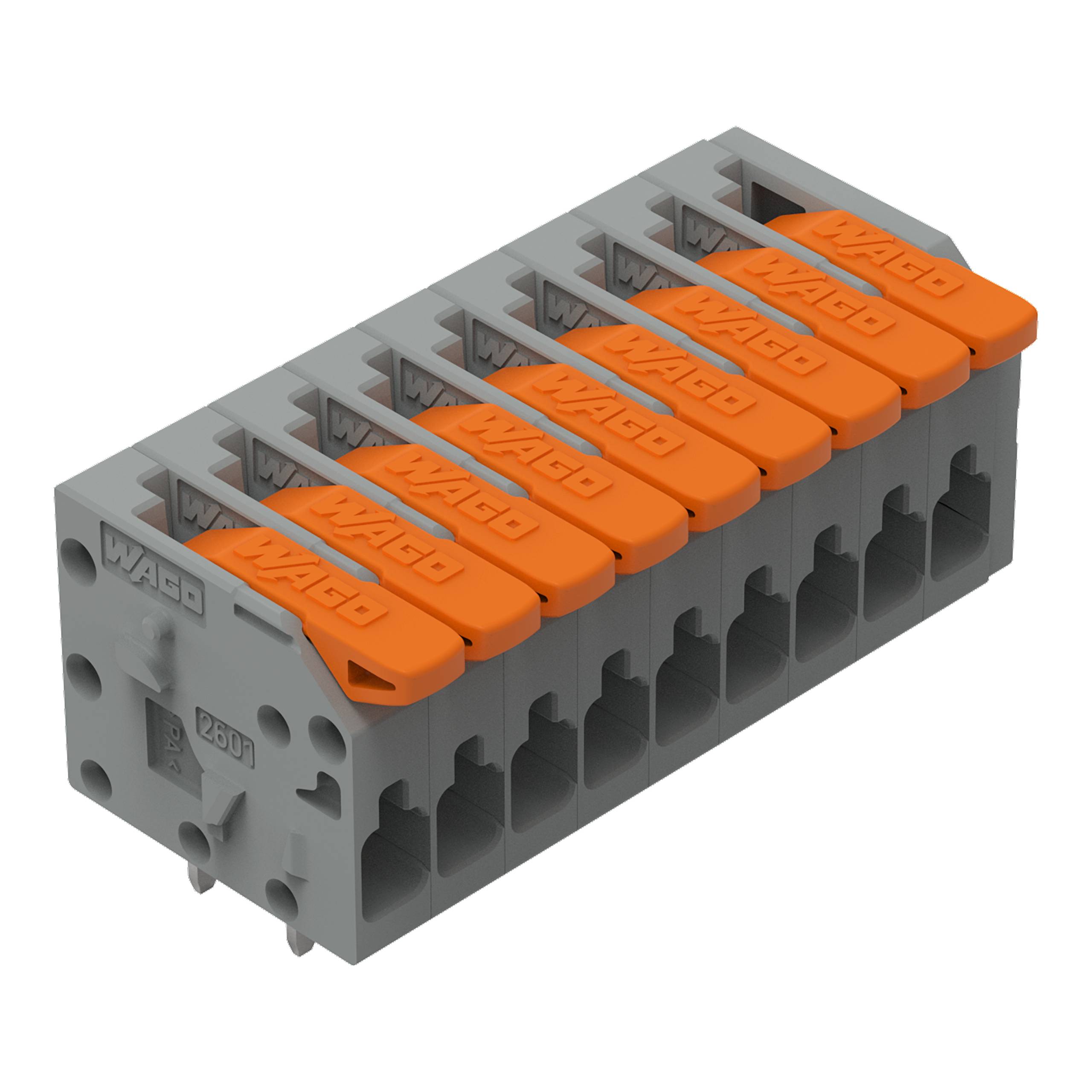 Ein 7-poliger grauer Kunststoff-Elektrostecker mit orangefarbenen Hebeln, auf dessen Seite der Markenname „WAGO