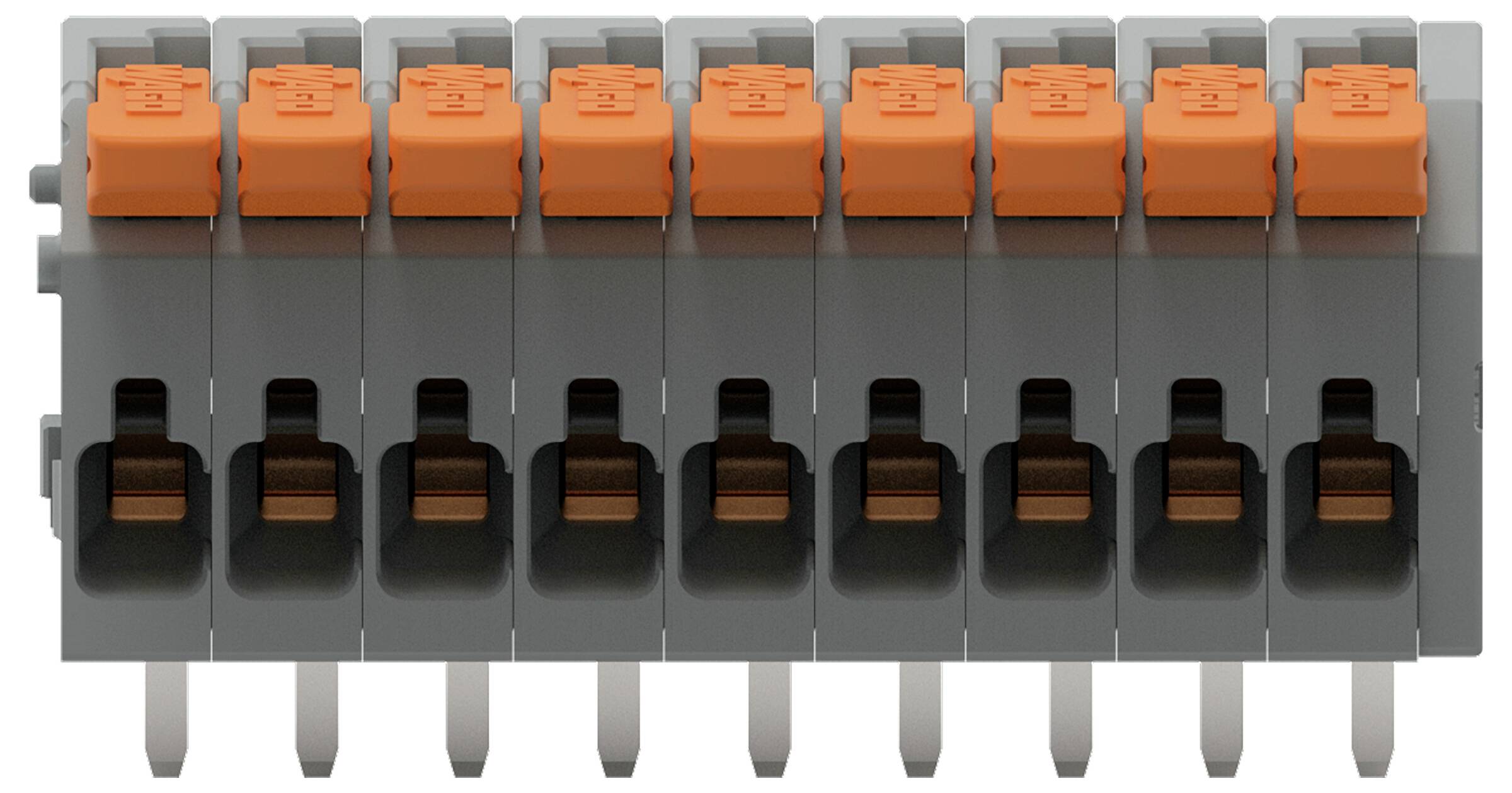 Eine Reihe von acht grauen und orangefarbenen Klemmenblöcken, die miteinander verbunden sind und für elektrische Verbindungen verwendet werden, in einer einzigen Einheit angeordnet.