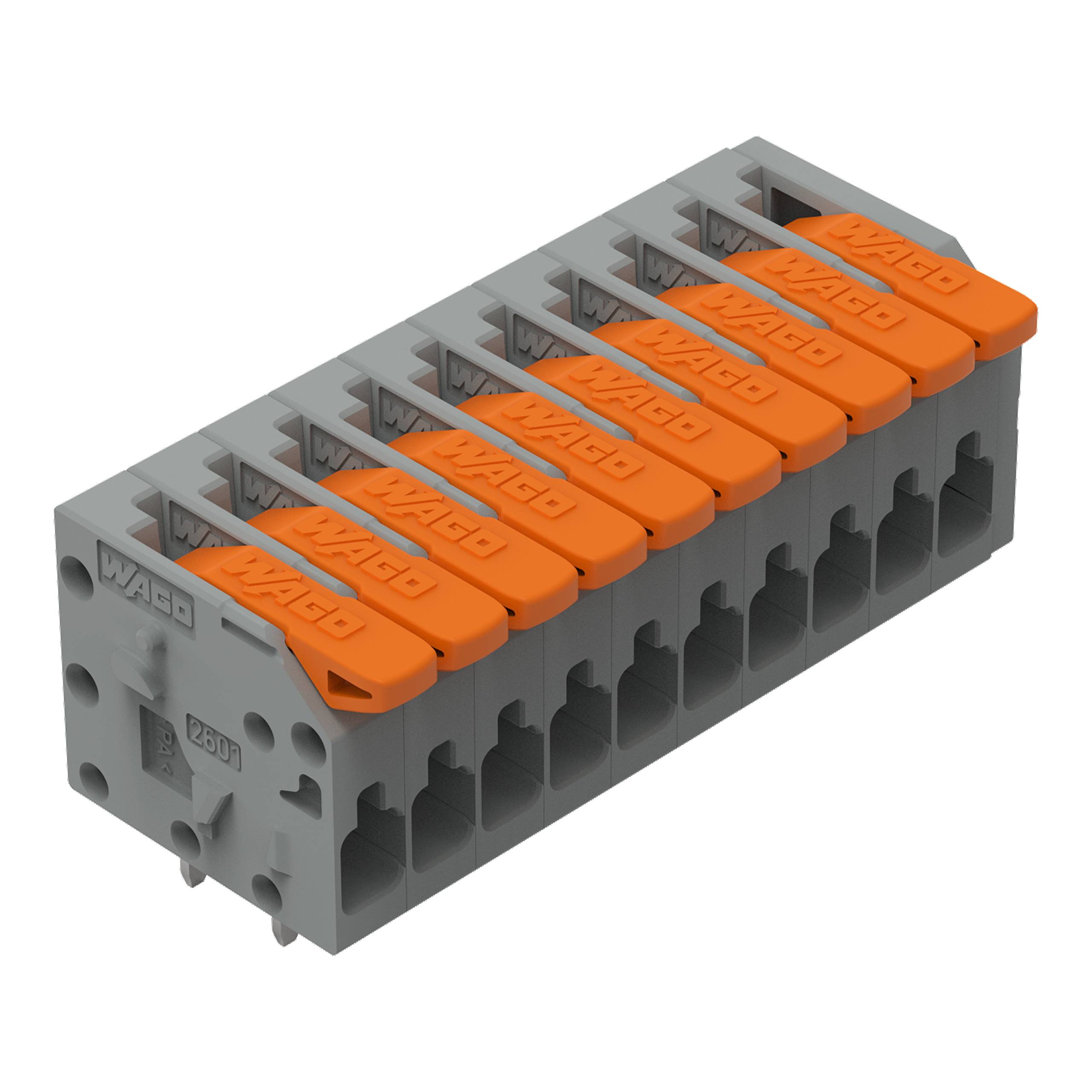Ein grau-orangefarbiger elektrischer Klemmleistenblock mit mehreren Anschlussplätzen, der zum sicheren Verbinden von Elektrokabeln verwendet wird.