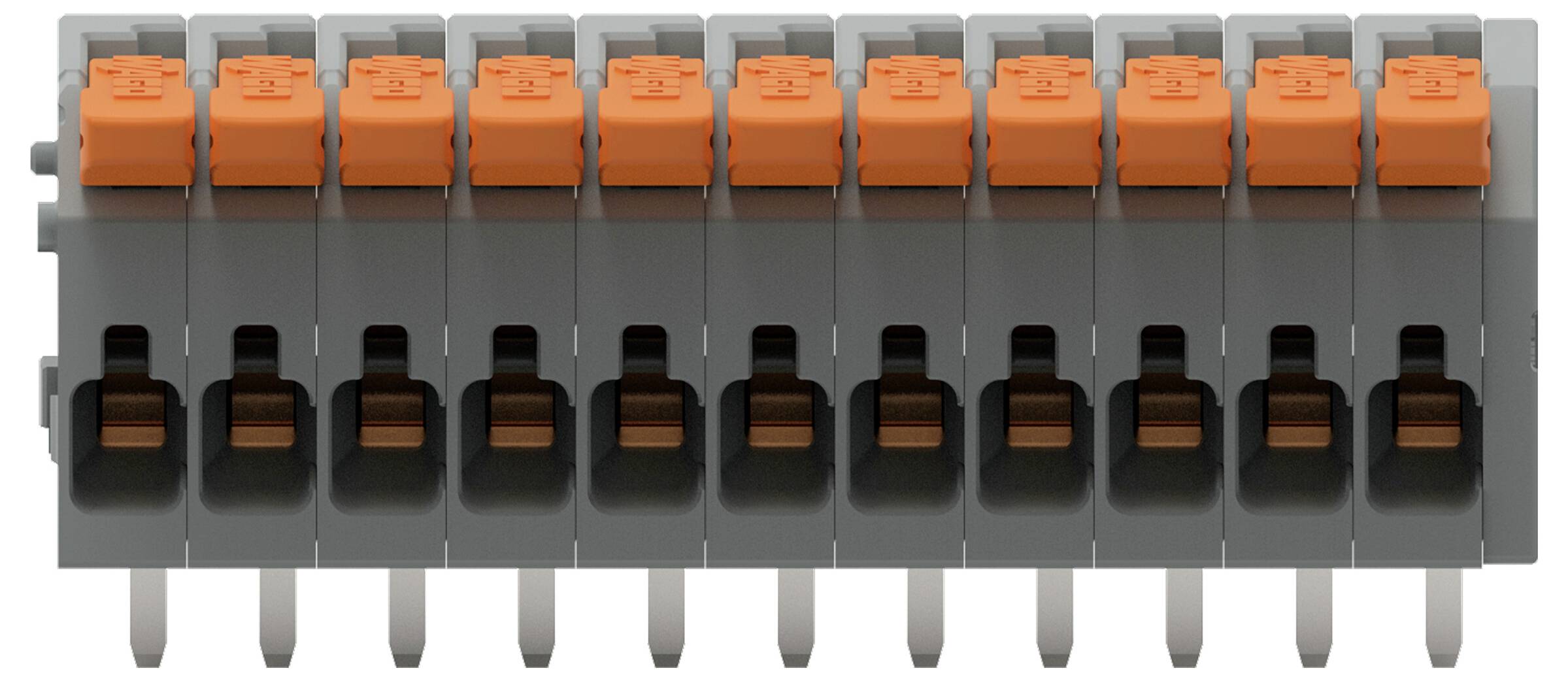 Ein Nahaufnahmebild eines grau-orangefarbenen Klemmblocks mit mehreren Anschllusspunkten, der in Elektroverkabelungssystemen verwendet wird.