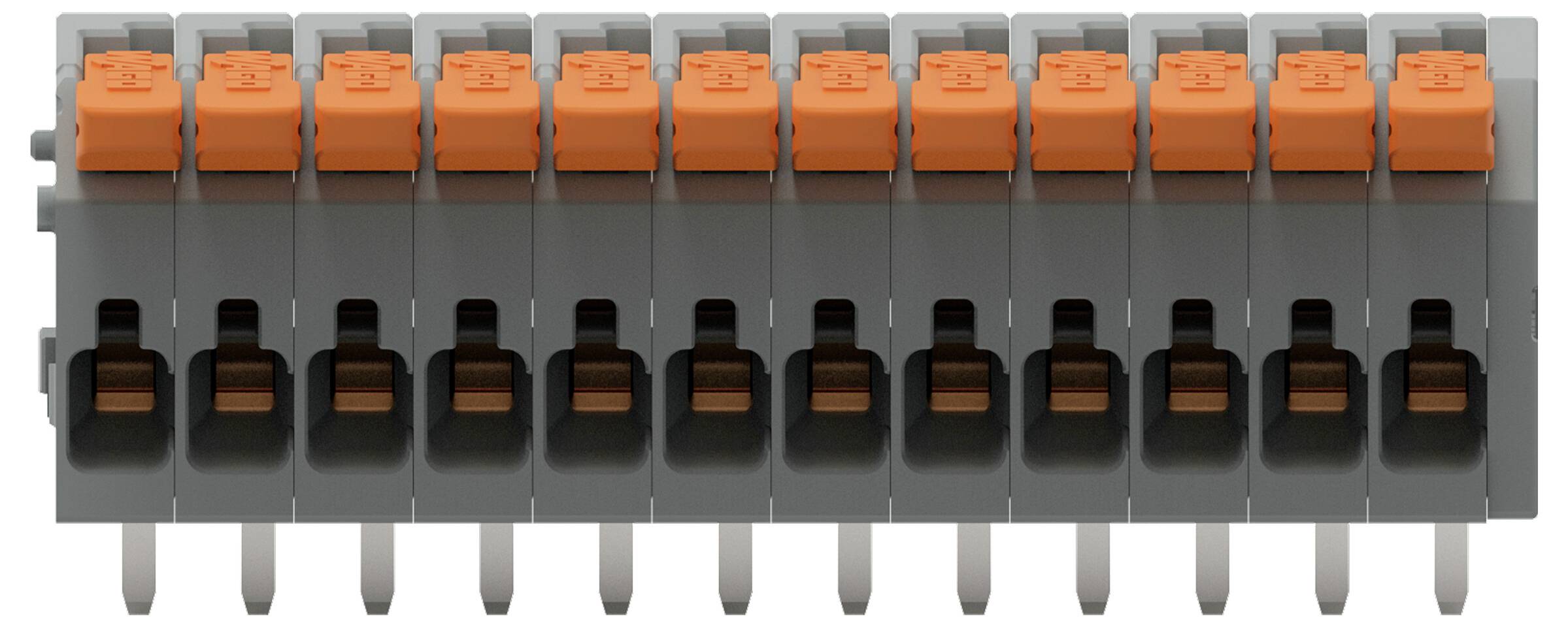 Eine Reihe von grauen und orangefarbenen Elektroklemmen mit mehreren Anschlüssen, die für Drahtverbindungen in Elektroanlagen verwendet werden.