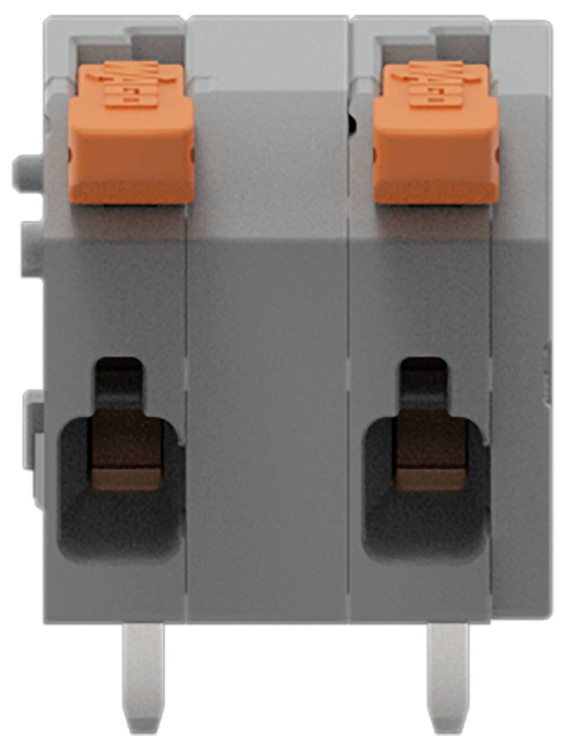 Ein grauer Elektrostecker mit zwei orangefarbenen Hebeln oben und zwei Metallstiften unten, der zur Drahtverbindung verwendet wird.