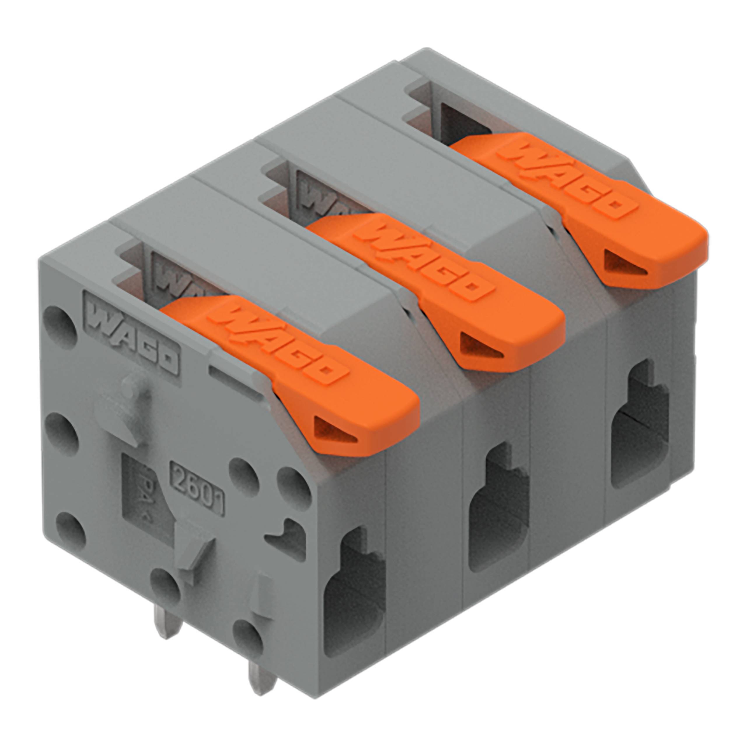 Ein grau-orangefarbiger Wago-Elektrostecker mit drei Anschlüssen, konstruiert für schnelle, werkzeuglose Drahtverbindungen.